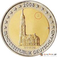 (004) Монета Германия (ФРГ) 2008 год 2 евро "Гамбург" Двор J Биметалл  VF
